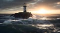 Coastal Security at Sunset: a Guiding Tower on the Shore. Lighthouse on shore at sunset, with ocean waves and cloudy sky