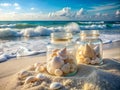Coastal Serenity Glass Jars Filled with White Sand and Seashells Reflect Beach Tranquility Royalty Free Stock Photo