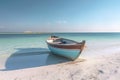 Coastal serenity, Weathered boat rests on white sand, amid azure sea