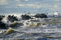 Coastal storm in the Baltic Sea, big waves crash against the harbor breakwater, breaking wave Royalty Free Stock Photo