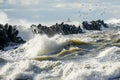 Coastal storm in the Baltic Sea, big waves crash against the harbor breakwater, breaking wave Royalty Free Stock Photo