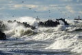 Coastal storm in the Baltic Sea, big waves crash against the harbor breakwater, breaking wave Royalty Free Stock Photo