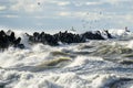 Coastal storm in the Baltic Sea, big waves crash against the harbor breakwater, breaking wave Royalty Free Stock Photo