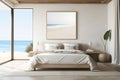 Coastal style interior design of modern bedroom with empty mock up poster frame ai generated Royalty Free Stock Photo