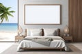 Coastal style interior design of modern bedroom with empty mock up poster frame ai generated Royalty Free Stock Photo