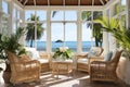 coastal-style sunroom with rattan chairs, tropical plants, and seaview french windows