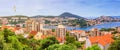 Coastal summer landscape, banner, panorama - top view of the port of Gruz of the town of Dubrovnik Royalty Free Stock Photo