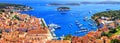 Coastal summer landscape, panorama - top view of the town of Hvar and the City Harbour with marina, on the island of Hvar Royalty Free Stock Photo