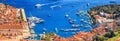 Coastal summer landscape, panorama - top view of the town of Hvar and the City Harbour with marina, on the island of Hvar Royalty Free Stock Photo