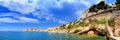 Coastal summer landscape, panorama - view of the city beach on the background of the Old Town of Dubrovnik Royalty Free Stock Photo