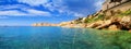 Coastal summer landscape, panorama - view of the city beach on the background of the Old Town of Dubrovnik Royalty Free Stock Photo