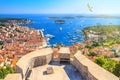 Coastal summer landscape - top view of the City Harbour and marina of the town of Hvar from the fortress, on the island of Hvar Royalty Free Stock Photo