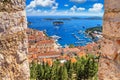 Coastal summer landscape - top view of the City Harbour and marina of the town of Hvar from the fortress, on the island of Hvar Royalty Free Stock Photo