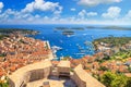 Coastal summer landscape - top view of the City Harbour and marina of the town of Hvar from the fortress, on the island of Hvar Royalty Free Stock Photo