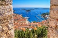 Coastal summer landscape - top view of the City Harbour and marina of the town of Hvar from the fortress, on the island of Hvar Royalty Free Stock Photo