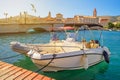 Coastal summer landscape - view of the marina for boats and of the Old Town of Trogir