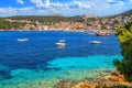 Coastal summer landscape - view of the town of Hvar and the Spanish fortress above it, on the island of Hvar Royalty Free Stock Photo