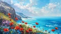A coastal summer seascape oil painting on canvas with a brisk sea breeze and red poppies blooming on the cliffs high Royalty Free Stock Photo
