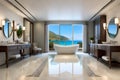 A coastal-themed bathroom with seashell decor, turquoise accents, and a pebble floor.