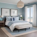 A coastal-themed bedroom with a light blue and white color scheme, seashell decor, and breezy, sheer curtains2