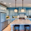 A coastal-themed kitchen with light blue cabinets, beachy backsplash tiles, and a farmhouse sink1, Generative AI