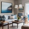 A coastal-themed living room with nautical decor and a palette of blues and whites2 Royalty Free Stock Photo