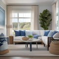 A coastal-themed living room with nautical decor and a palette of blues and whites1 Royalty Free Stock Photo