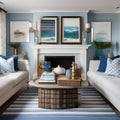 A coastal-themed living room with nautical decor and a palette of blues and whites3 Royalty Free Stock Photo