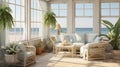 A coastal-themed sunroom, decorated with seashells.