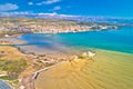 Coastal town of Posedarje and small island church aerial view Royalty Free Stock Photo