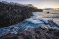 Coastal town of Puerto de Santiago, Acantilado de los Gigantes cliffs in Tenerife. Atlantic ocean waves foaming, bay