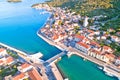 Coastal town of Tisno aerial panoramic view, bridge to island of Murter Royalty Free Stock Photo