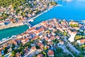 Coastal town of Tisno aerial panoramic view, bridge to island of Murter Royalty Free Stock Photo