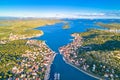 Coastal town of Tisno aerial panoramic view, bridge to island of Murter Royalty Free Stock Photo