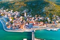 Coastal town of Tisno aerial panoramic view, bridge to island of Murter Royalty Free Stock Photo