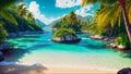 Coastal tropical landscape - view of a beautiful sandy beach and bay with rocky shores