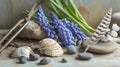 Coastal Vibes: A Tranquil Arrangement of Blue Muscari Bulbs with Sea Shell, Stone, Feather, and Gard