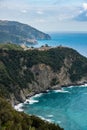 Coastal view of famous travel landmark destinations Corniglia and Manarola, small mediterranean old sea town, Cinque Royalty Free Stock Photo