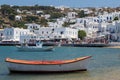 Coastal view of the picturesque white village of Mykonos, a Greek island visited by thousands of tourists every week.