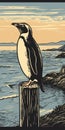 Coastal Views: A Woodcut-inspired Penguin Illustration On Stump