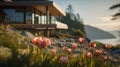 Coastal Village Sunrise: Unreal Engine 5 Exterior Of Private Home With Pink Tulips