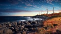 Wind turbines on the sea shore at sunset. Beautiful nature landscape., generative ai Royalty Free Stock Photo