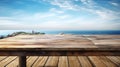 Coastal wooden table with panoramic summer sea view.