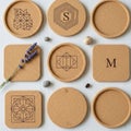 Coasters arranged on a light wooden surface, featuring both circula Royalty Free Stock Photo