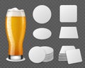 Coasters with beer. Realistic glass with drink, blank paper round and square shapes, different angles view, single objects and