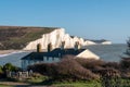 View of coastguard cottages and Seven Sisters chalk cliffs at Cuckmere Haven, Seaford, E. Sussex on the south coast of England UK. Royalty Free Stock Photo