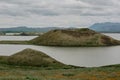 The coastline around the pond Stakholstjorn with pseudo craters - natural monument near Lake Myvatn in Northern Iceland