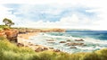 Coastline Of Australia: Watercolor Illustration Of A Joyful Rural Landscape