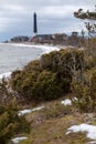 Coastline of Baltic sea with Sorve lighthouse on cape. The Saaremaa island, Estonia, Europe