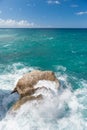 Coastline in Barbados. Rocks and Ocean Waves Sprays. Caribbean S